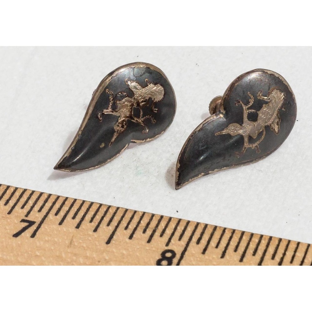 Vintage Sterling Silver Siam Niello Screw Back Earrings Siamese Dancer Jewelry